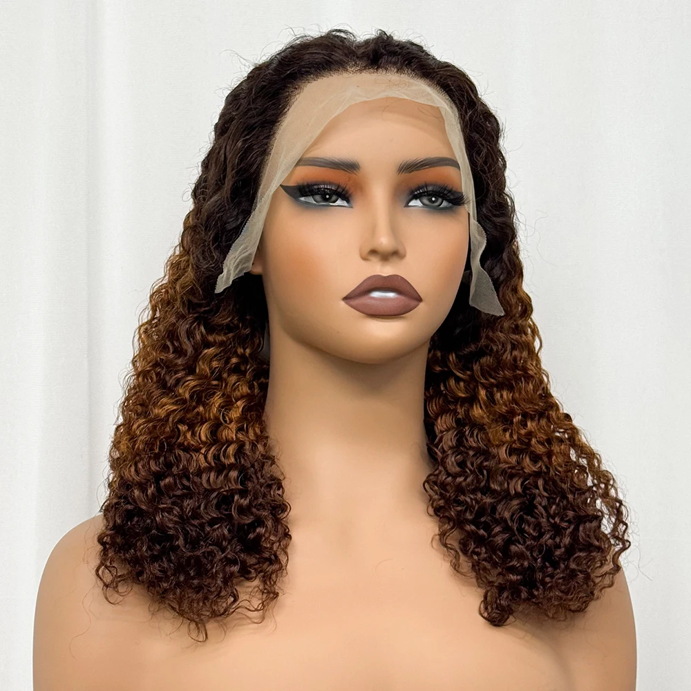 Double Drawn 250% Density Ombre 18 Inches Water Wave Curly Human Hair Wigs 13x4 Transparent Lace Frontal Hair Wig for Women - Image 4