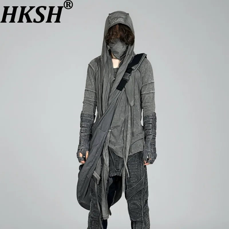 

HKSH Весенне-Осенние новые мужские футболки Waste Land Washed с капюшоном, облегающие плиссированные хлопковые футболки с длинными рукавами в стиле панк, темные HK10848