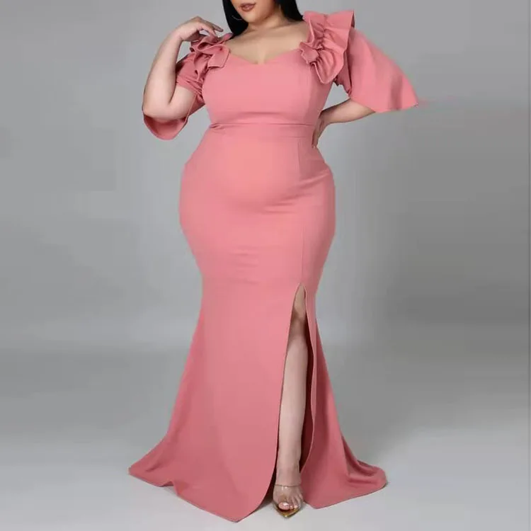 Plus Size Women Elegant Dresses Fashion Casual Solid Color Ruffle Long Dress Large Size Female Party Evening Dresses 2024 New