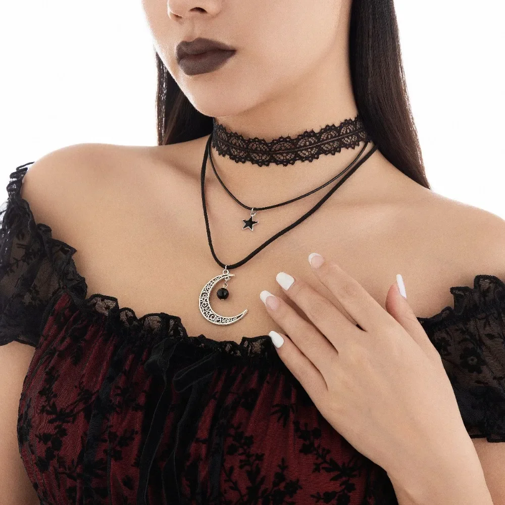 Gothic Lolita Black Lace Hollowed-out Crescent Stars Pendant Multi-layer Flannel Collar Necklace for Women Halloween Y2K Jewelry