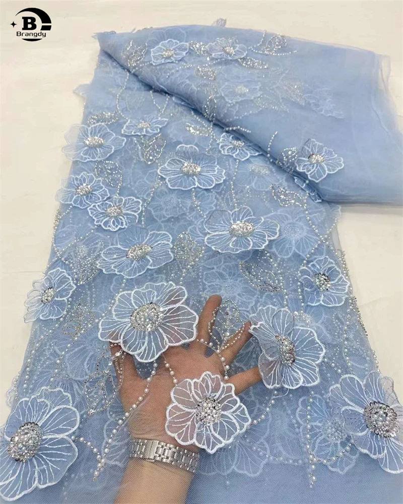 3D Flor Tecido De Renda Para Vestido De Noiva Costura, Bordado Net, Grande Africano, Lantejoula Nigeriana, Tule, Applique, Vestido De Noite