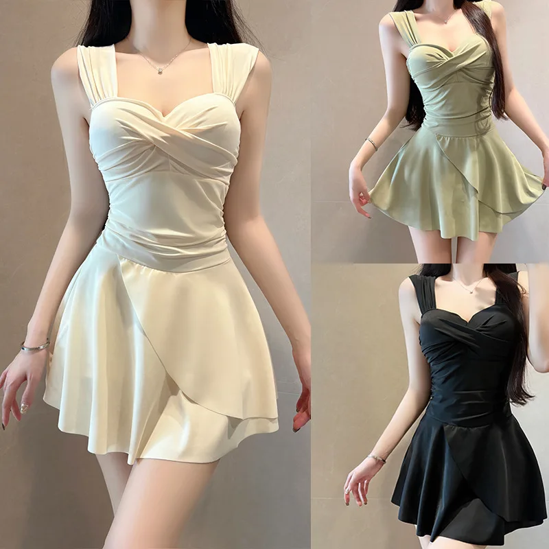 Trajes de baño cruzados lisos sexys, monos arrugados de una pieza, mini vestido, culottes, bikinis, traje de baño acolchado, trajes de playa tankini