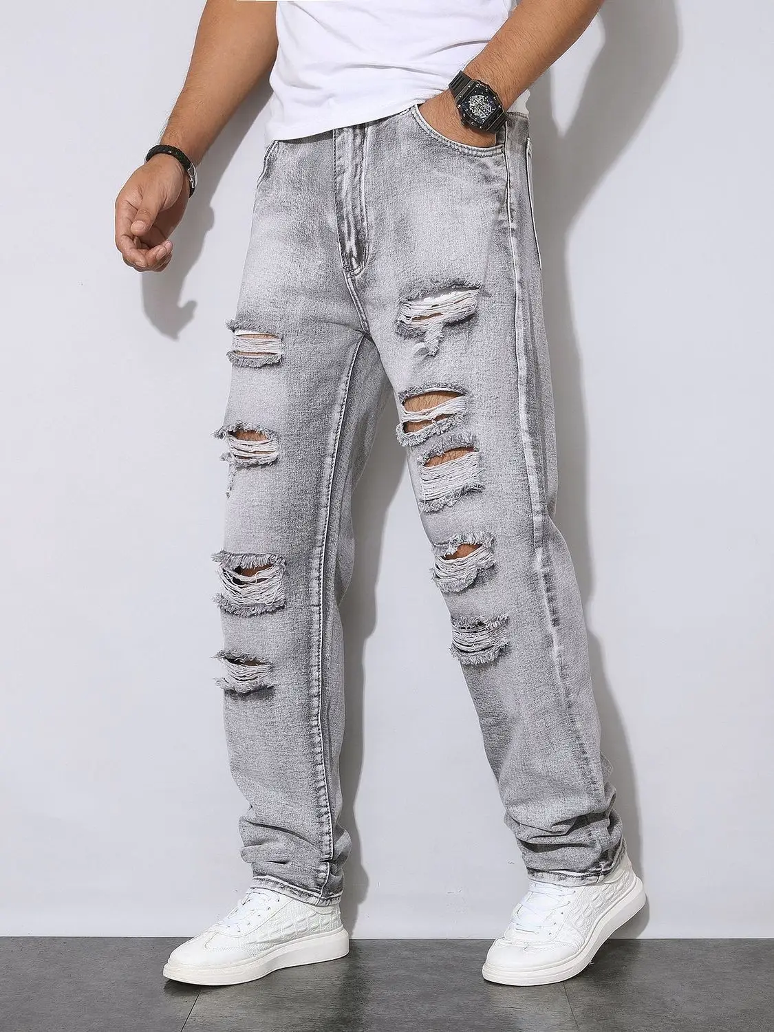 Mens Autumn Winter Distressed Grey Denim Trousers American Street Fashion Dopamine Aesthetic Wear-Resistant Casual Jeans