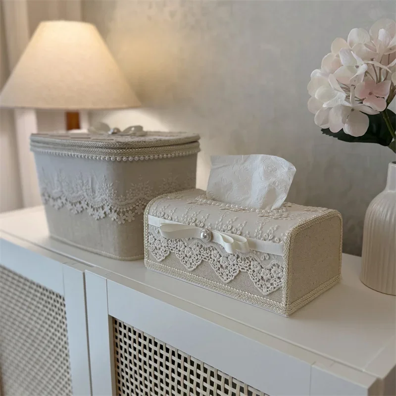 French High-end Embroidered Lace Tissue Box Beige White Cotton and Linen 3D Embossed Cosmetic Sundries Storage Box with Lid