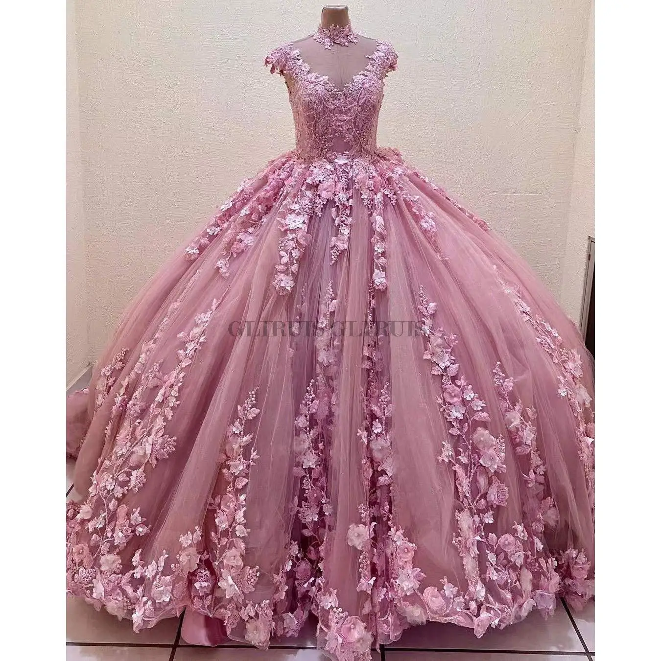 Robe de Rhformelle rose, robes de Quinceanera, appliques de perles florales 3D, chérie pour fille douce, robe éducative personnalisée