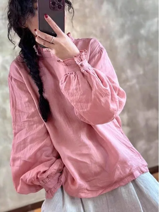 Retro Long Sve Flax irt Women's Spring Faion Versatile Loose Slimming Lace Collar Linen Top Girls' Regular Fit Outerwear