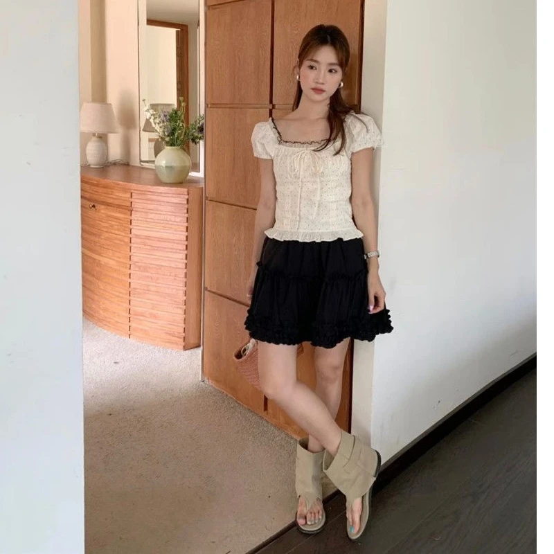 2025 여성용 스윗 탑 블라우스, 스퀘어 칼라 퍼프 소매 튜닉 셔츠, 빈티지 물방울 무늬 붕대 리본 여름 블라우스