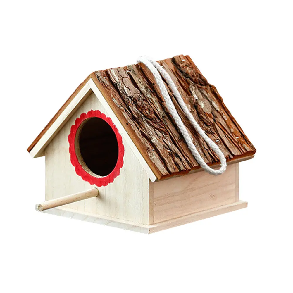 Birdcage Solid Wood Premium Bird House Outdoor Decoration Real Bark Roof Pet Bird Cage Breeding Hatching Box Nest Helper