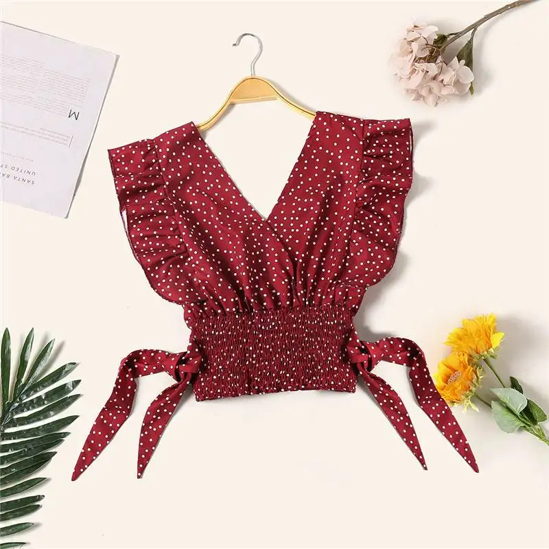 

Summer Polka Dot Print Slim Fit Crop Top Women's ort Sve irt Street Sle V-Ne Floral Patchwork European And American