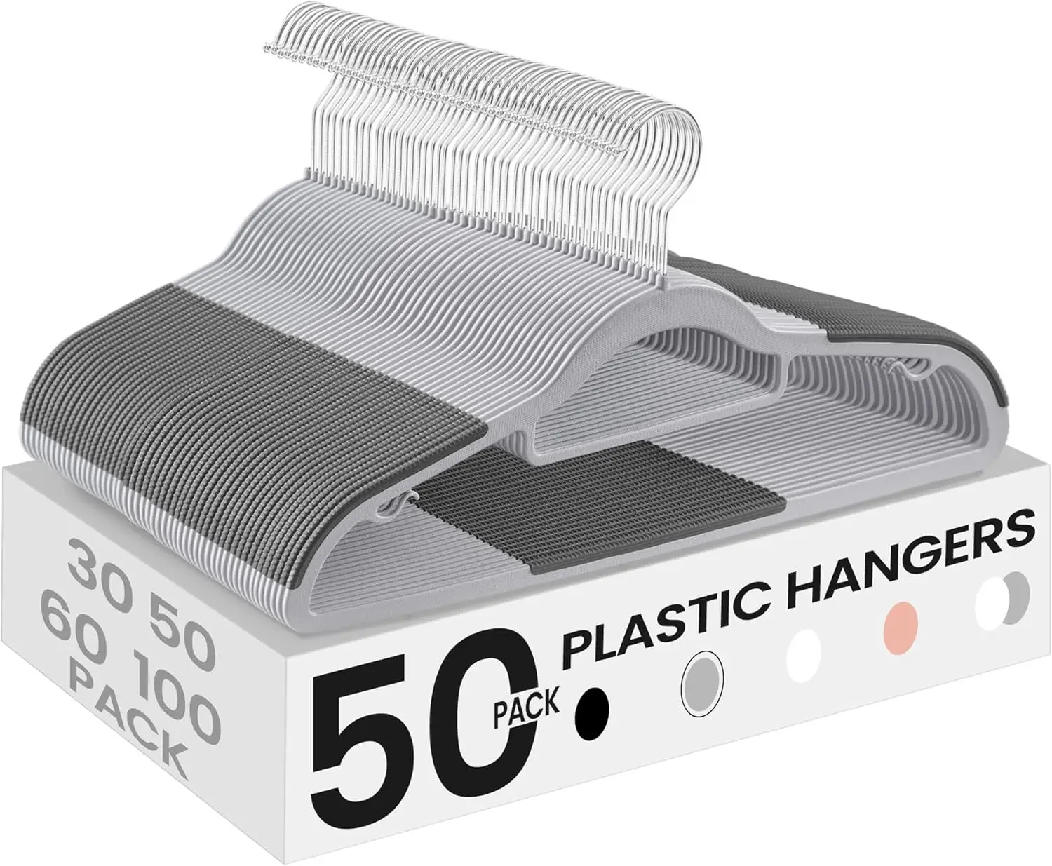 

Space-Saving Plastic Coat Hangers, Non-Slip Design with 360° Swivel Hook, Pack of 50 in Light and Dark Gray