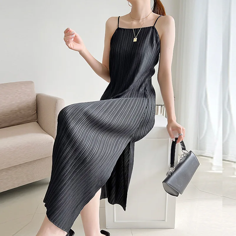 Spring and Summer Women\'s Clothing New Pleated Suspender Dress Miyake Temperament Thin Shoulder Strap Split Straight Skirt Long