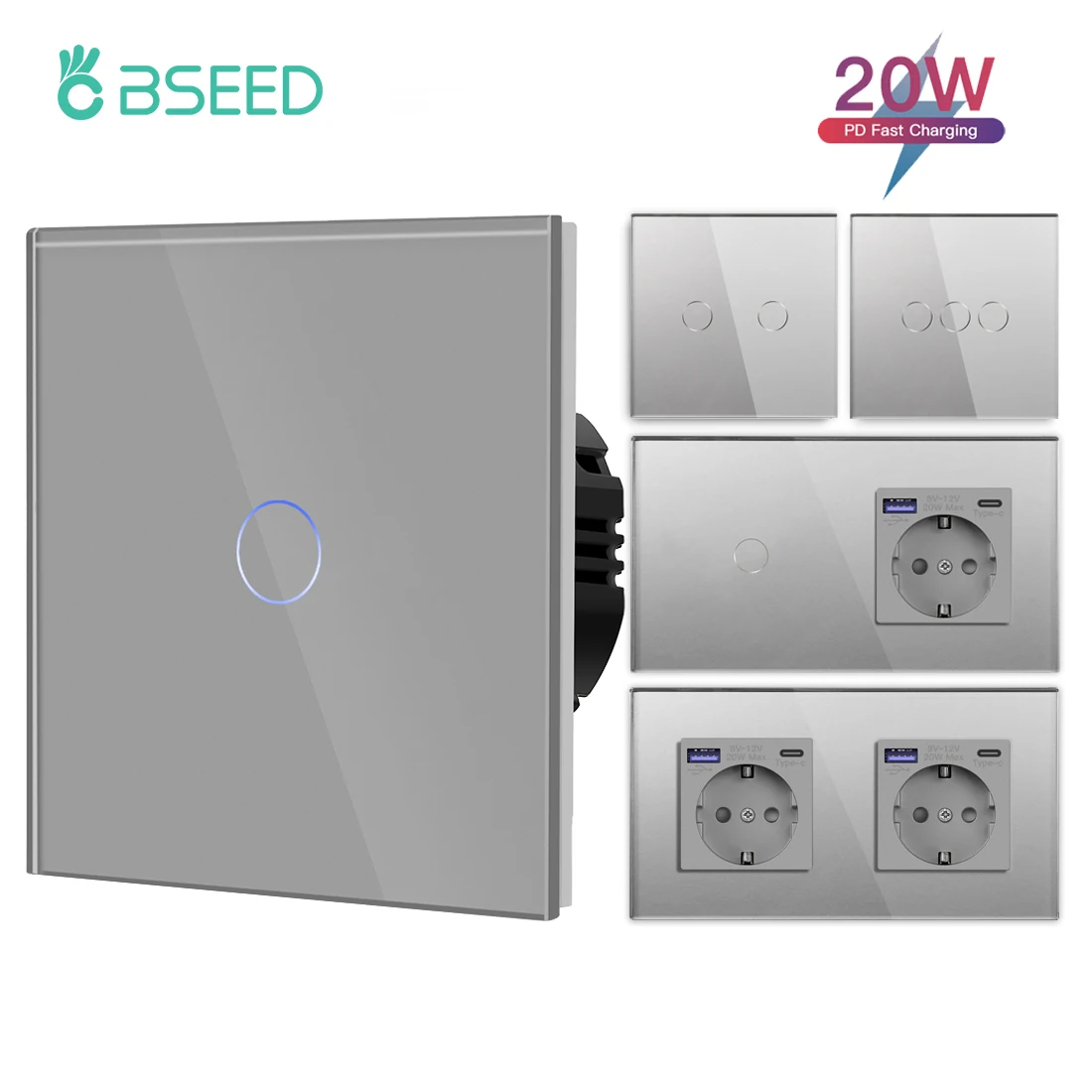 BSEED 1/2/3Gang Light Touch Switch 1Way Sensor Switch With Type-C USB EU Socket 20W Fast Charging Blue Backlight Glass Panel