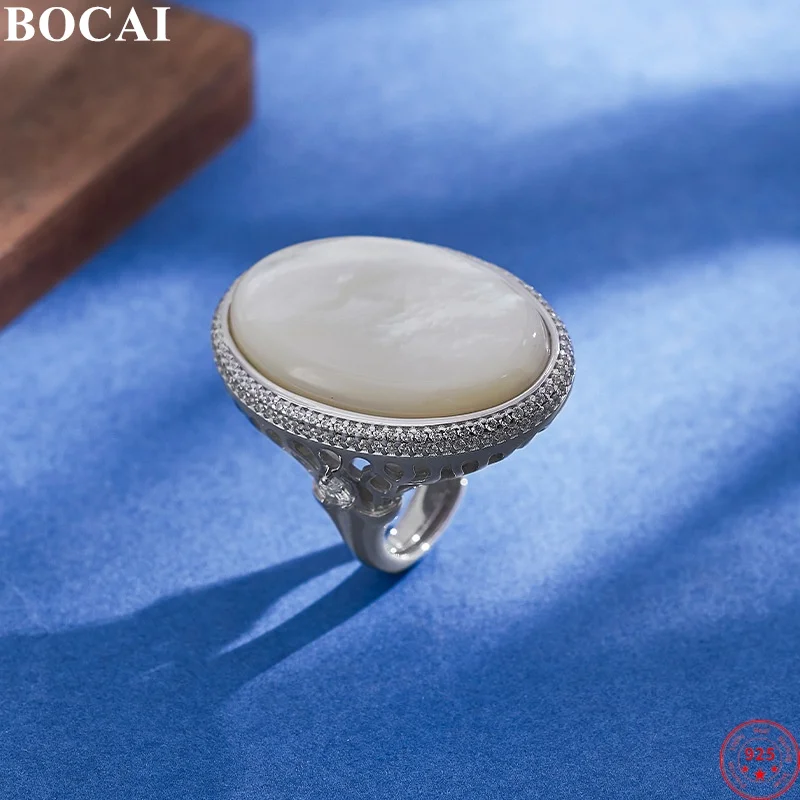 BOCAI S925 Sterling Silver Rings for Men Women Minimalism Oval White Sea Shells Micro Inlay Zircon Fashion Jewelry Wholesale