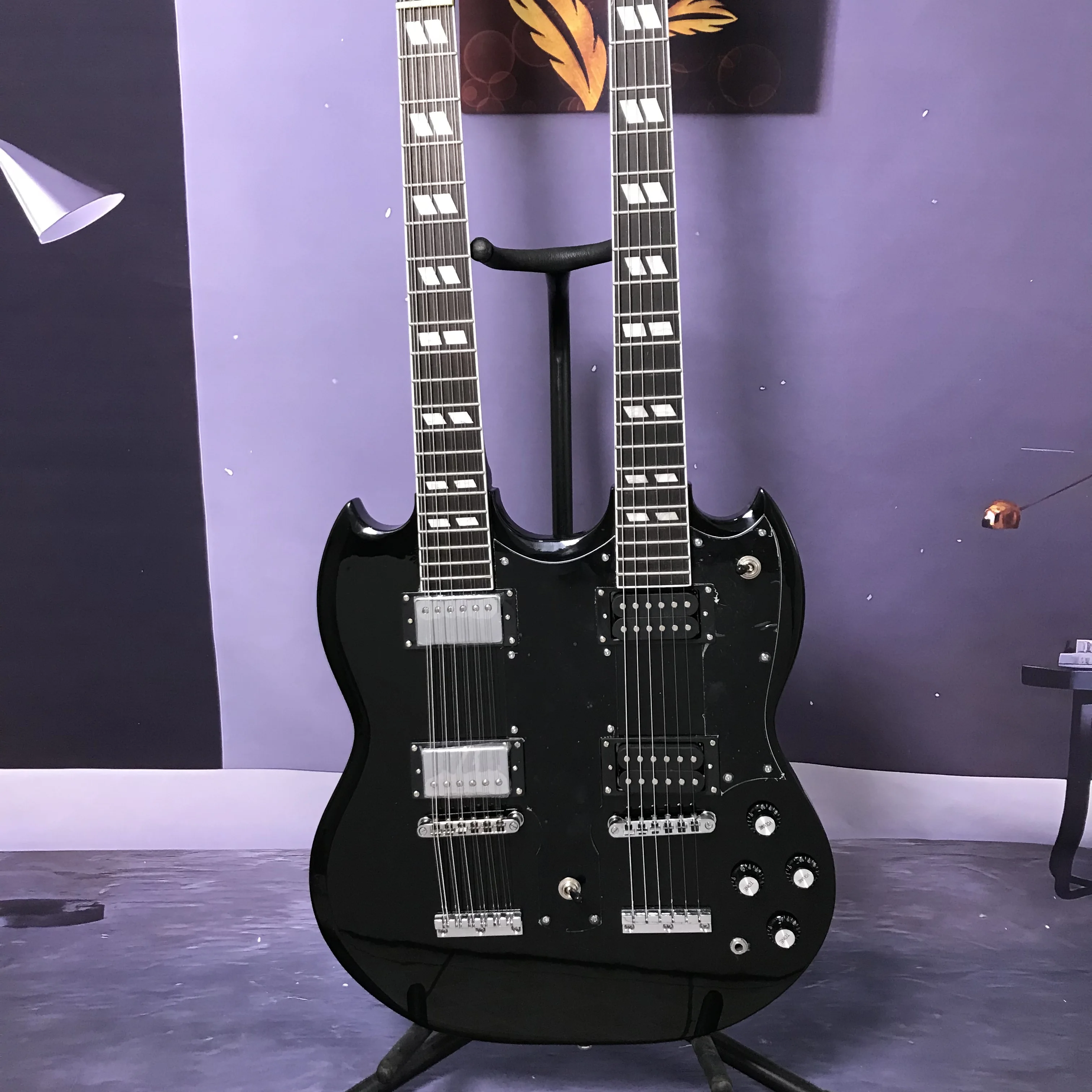 Factory custom electric guitar Black color S G  double neck 12+6 strings hot sale