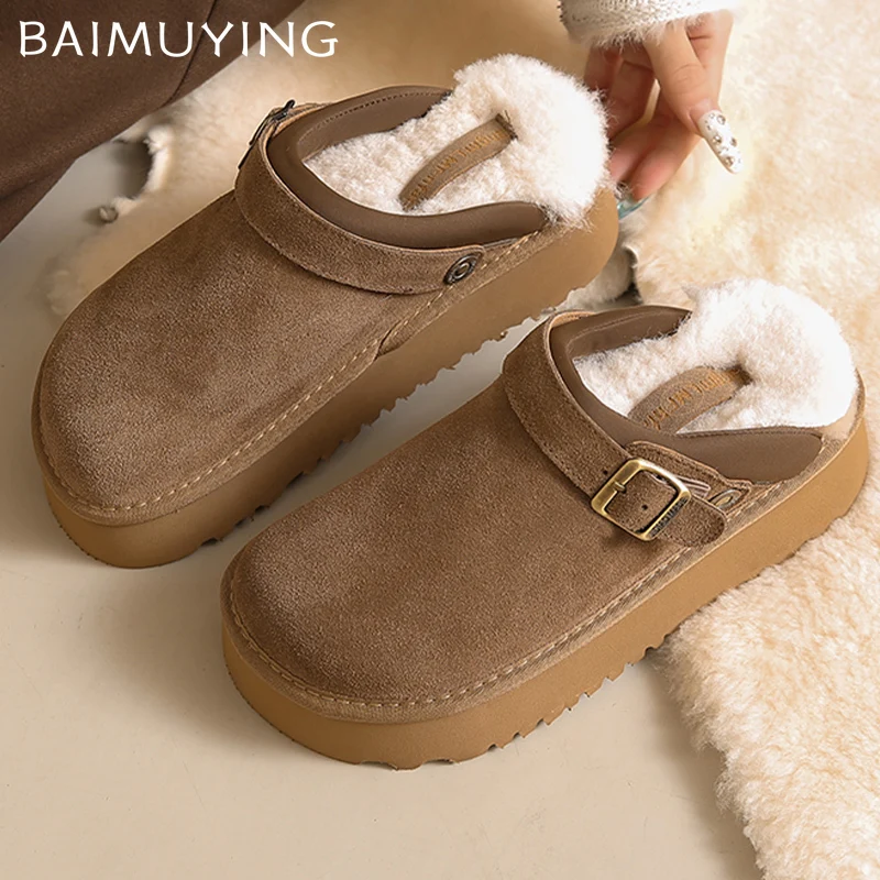 Suede Women Flats Mules Shoes Short Plush Platform Cotton Slippers Designer Snow Boots Winter 2024 Trend Warm Home Mujer Zapatos