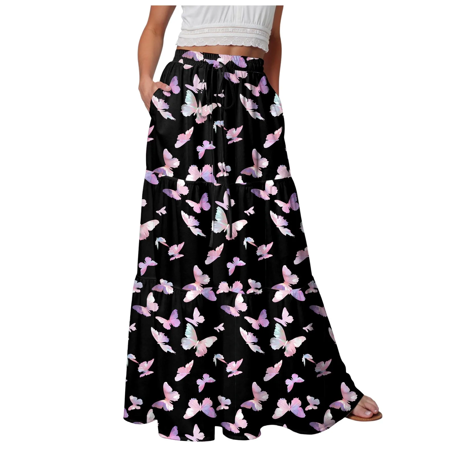 

Women's Beach Maxi Skirts Summer Cute Butterfly Print Stretch Waist Flowy Bohemian Skirt With Pockets A Line Large Swing Skirts