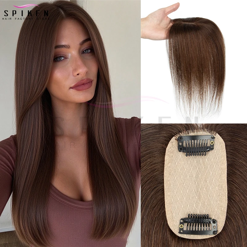 5x9cm Human Hair Piece Topper Injected Silk Skin Base Topper Toupee Natural Scalp Clip In Hairpiece no Bangs for Women