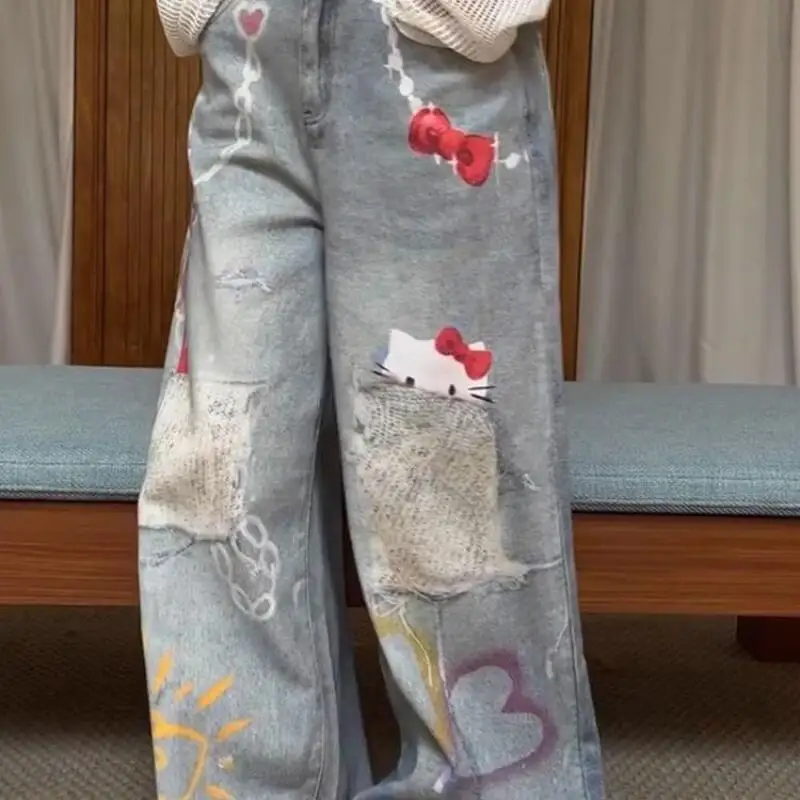 Hot Hello Kittys Jeans Cartoon Wide Leg Pants Version Streetwear Jean Women Fashion Vintage Loose Y2K Straight Trousers Gift