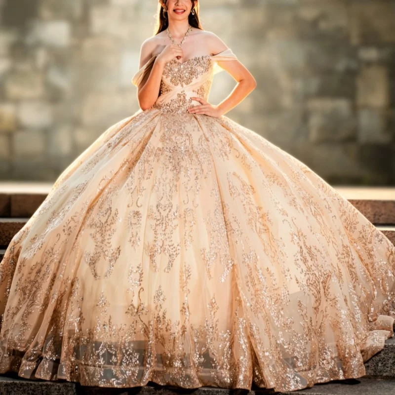 

Shiny Champagne Quinceanera Dress off-shoulder Glitter Crystal Decal Long tail Bow vestidos de 15 Quinceanera ﻿Customize