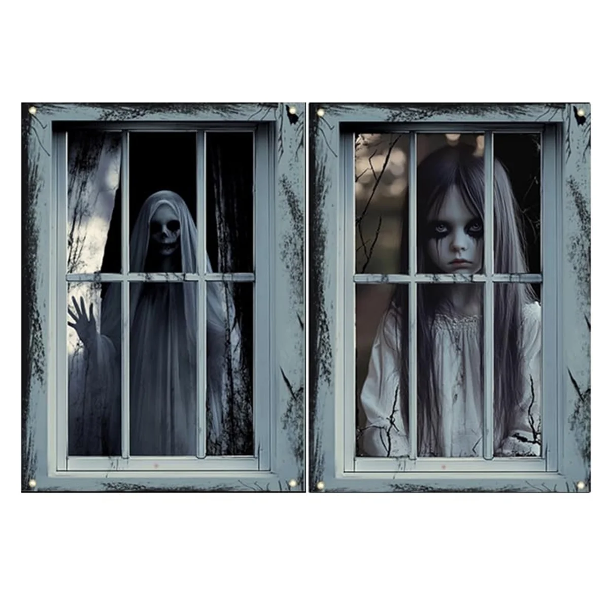 2025年+ 2パック ハロウィン ウィンドウデコレーション 女性ゴースト ハロウィン ウィンドウ ホラー 女性ゴースト ドール カーテンセット