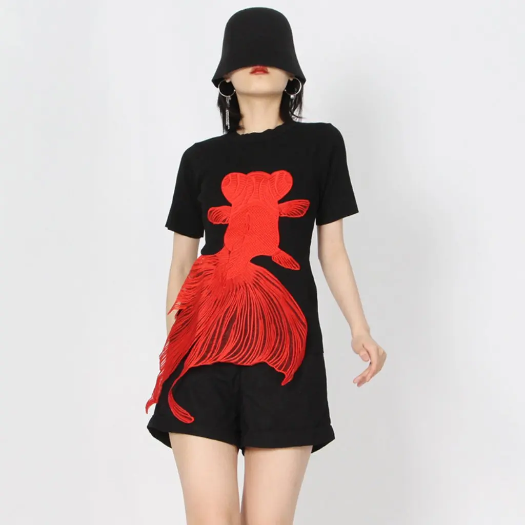 

Summer New Fashion Women's Retro Embroidered round Neck Short-Sleeved T-Shirt Animal Print Casual Slim Fit National Style