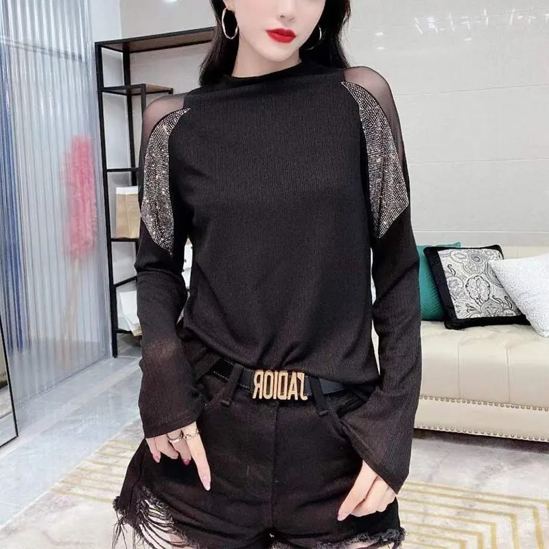 Fashion Gauze Spliced Diamonds T-shirt Women\'s Clothing Basic Solid Color Korean Autumn Winter Casual Half High Collar Pullovers