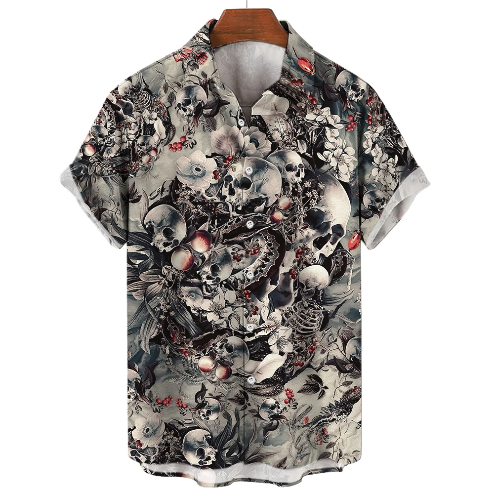 Men\'s Oversized Hawaii Skull Shirts High Quality Summer Daily Social Blouse Streetwear Harajuku Tops Gothic Short Sleeve Button