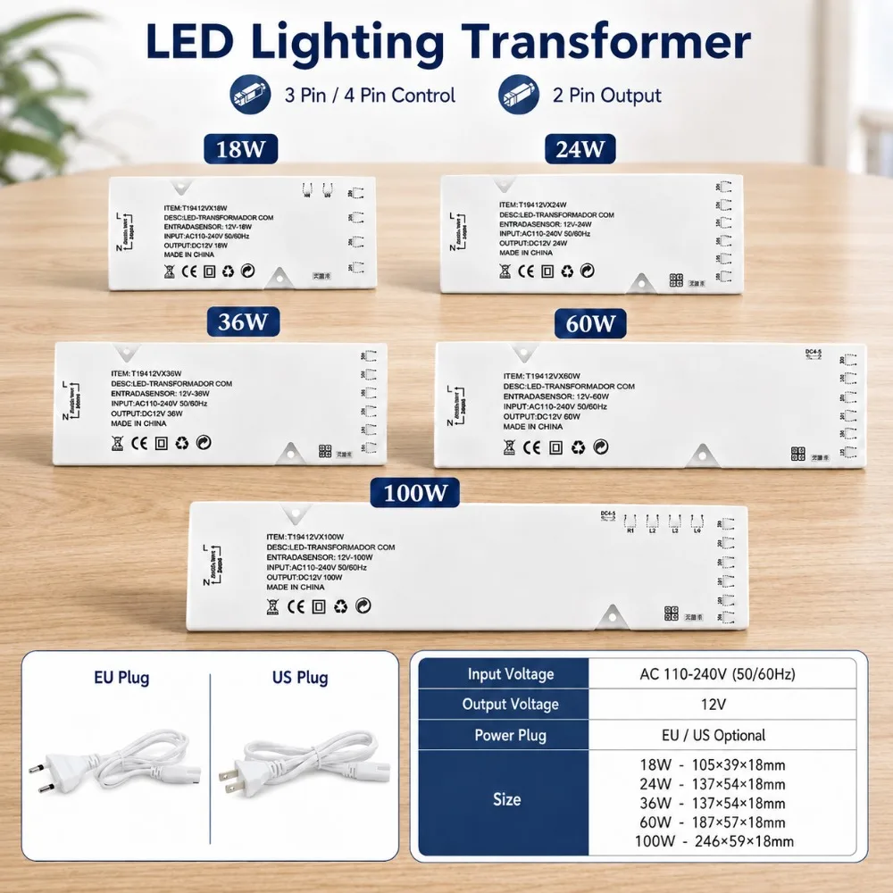 EU US Plug 12V LED Driver Transformer 18W 24W 36W 60W 100W LED Power Adapter 3/4Pin Control 2Pin Output AC110‑240V for LED Strip