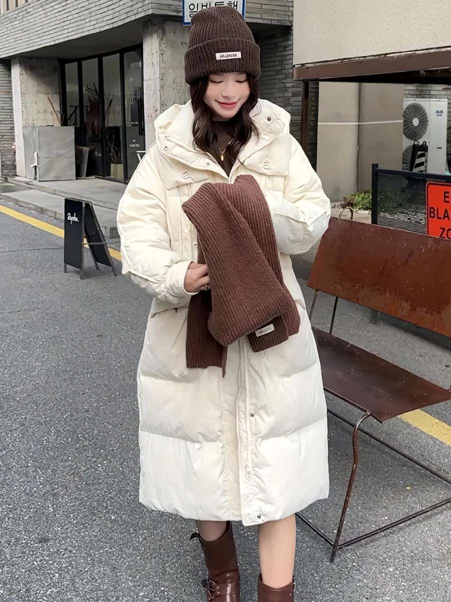 

Белое женское длинное пуховое пальто с капюшоном, зимнее, модное, новый дизайн, для повседневной носки, утепленное, верхняя одежда