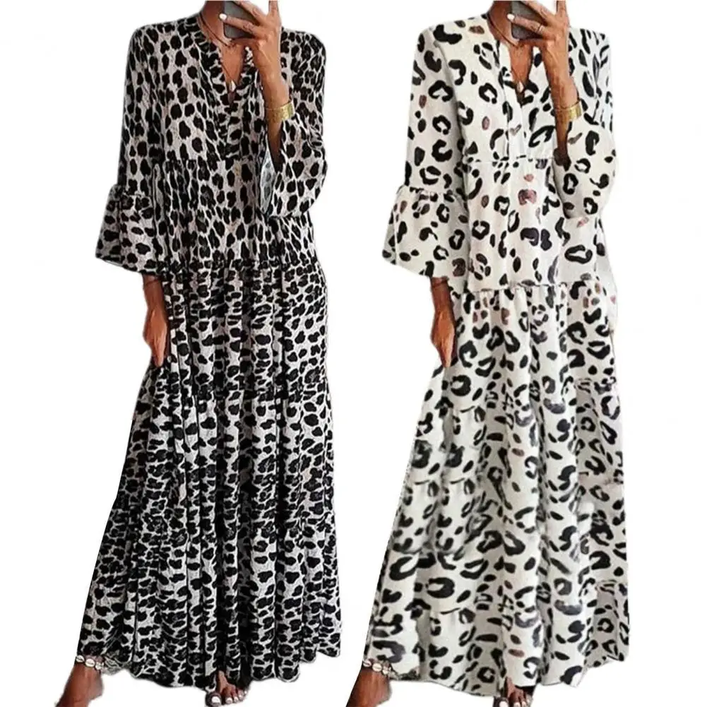 Maxi Dress V-Neck Mid Waist Loose Fit Large Stitching Hem Pullover Boho Leopard Print 3/4 Flare Sleeve Dress Streetwear