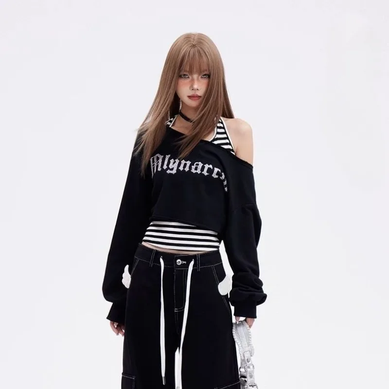 Deeptown Black Cropped Sweatshirts Women Y2k Off Shoulder 2000s Aesthetic Striped Two Pieces Sets Lace Up Gyaru Streetwear Retro