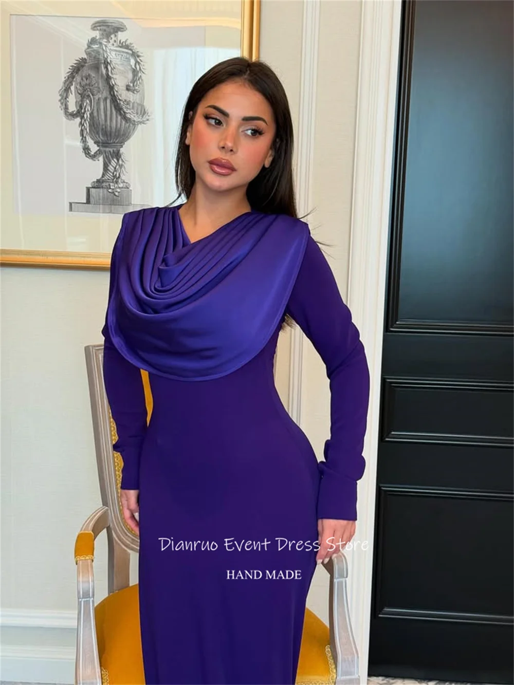 Dianruo Фиолетовые вечерние платья с капюшоном и вырезом Атласные платья русалки для гостей длиной до пола Bodycon Fit Robes De Cocktail по индивидуальному заказу