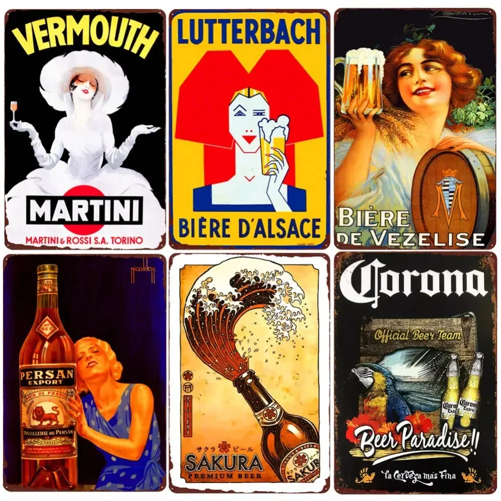 Corona Martini Vintage Metal Tin Sign - Vino italiano y arte de cerveza francesa alemana, Bar Pub Man Cave Decoración de pared