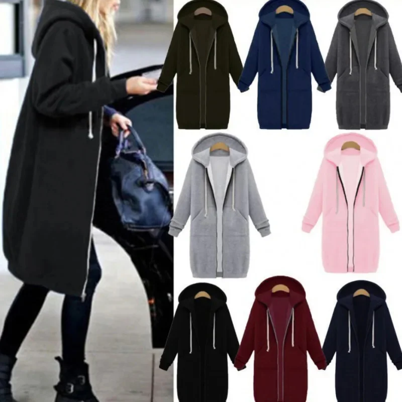 America Solid Color Hoodie Cardigan Women Autumn Winter Hip-hop Mid Long Velvet Pockets Hooded Zipper Windbreaker Jacket Top New