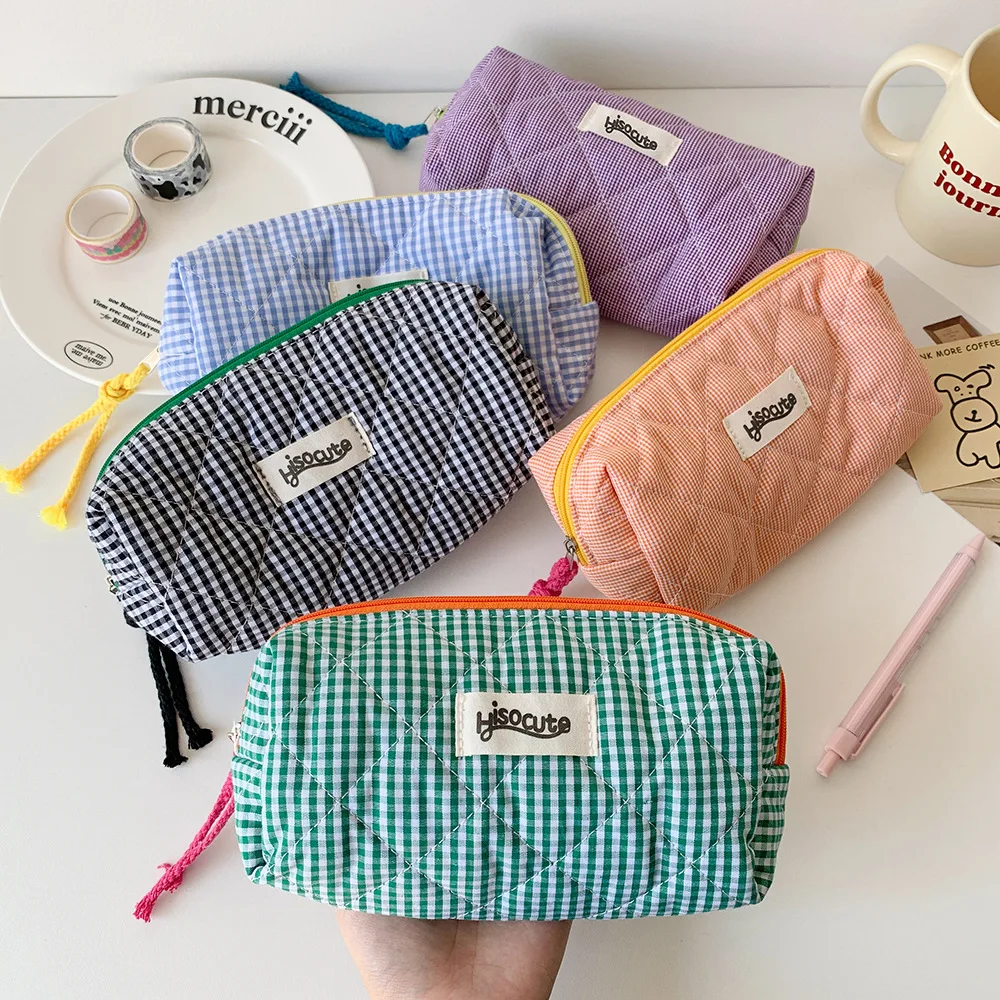 Astuccio per matite a quadretti con blocchi di colore, borsa per cancelleria per ragazze, cosmetici di grande capacità e borsa per riporre oggetti vari