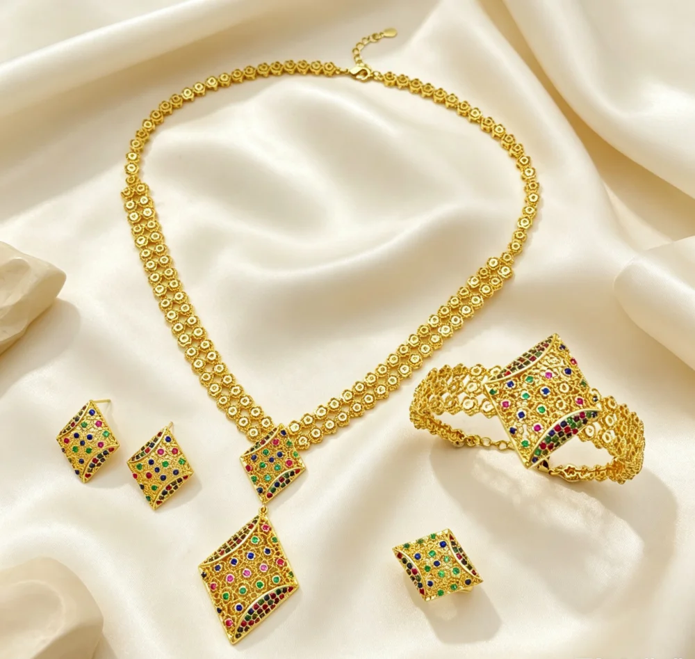 Flora Women's Jewelry Set Gold Plated Copper Zircon Necklace Earrings Bracelet Ring Fashion Accessory Gift Set
