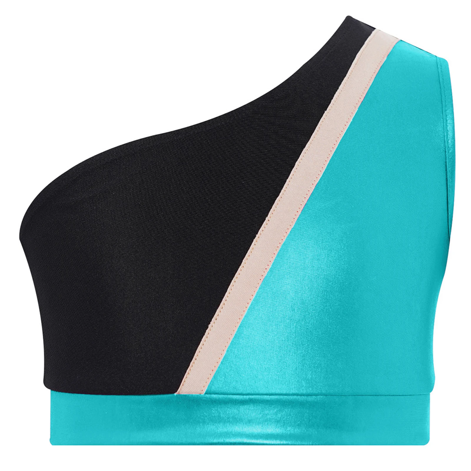 

Children Girls Color Block Stretchy Sports Tops One Shoulder Sleeveless Metallic Crop Top for Ballet Figure Skating Gymnastics