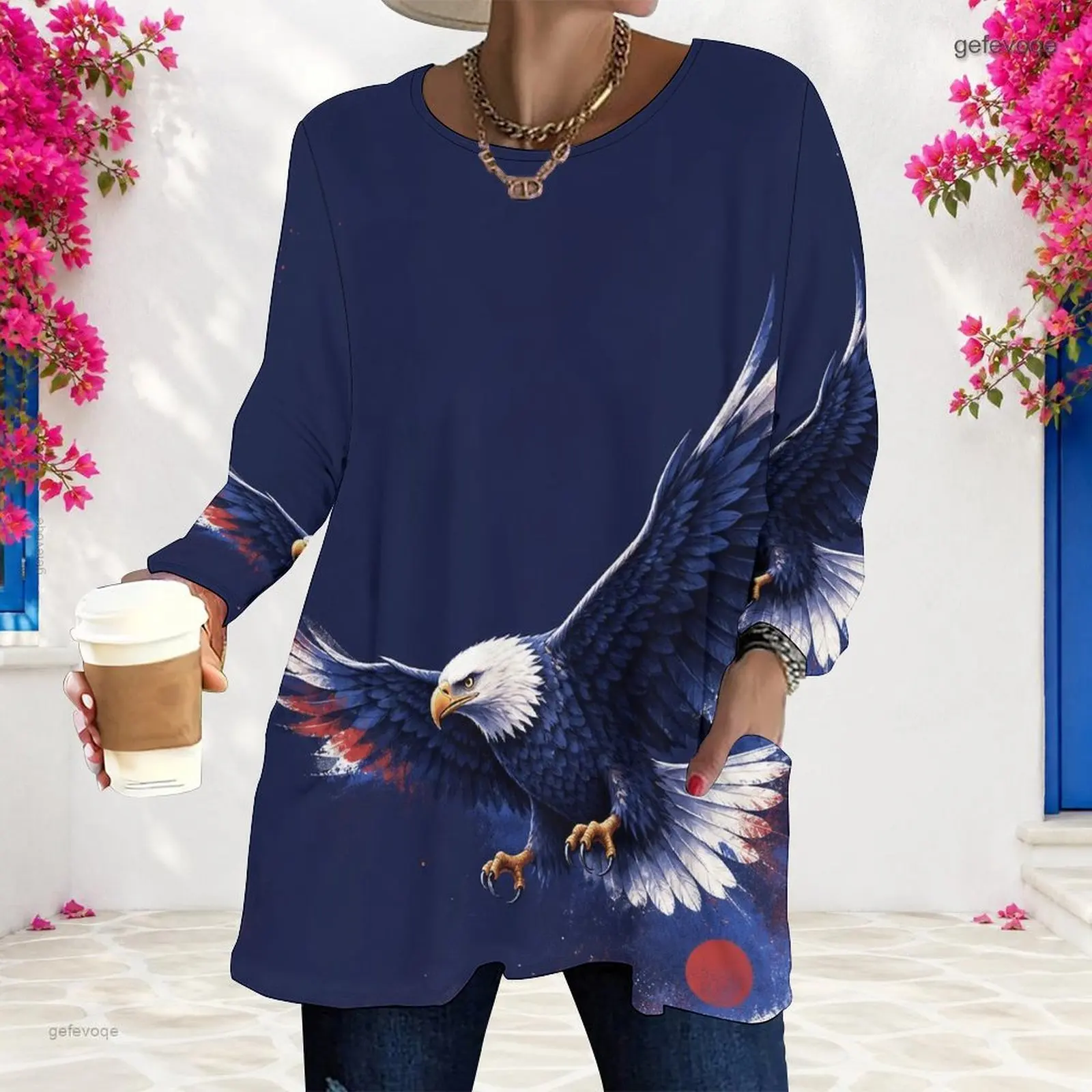 Women Red Blue White Star Swirl Printed Round Neck Long Sleeve Loose Longline Top with Pockets