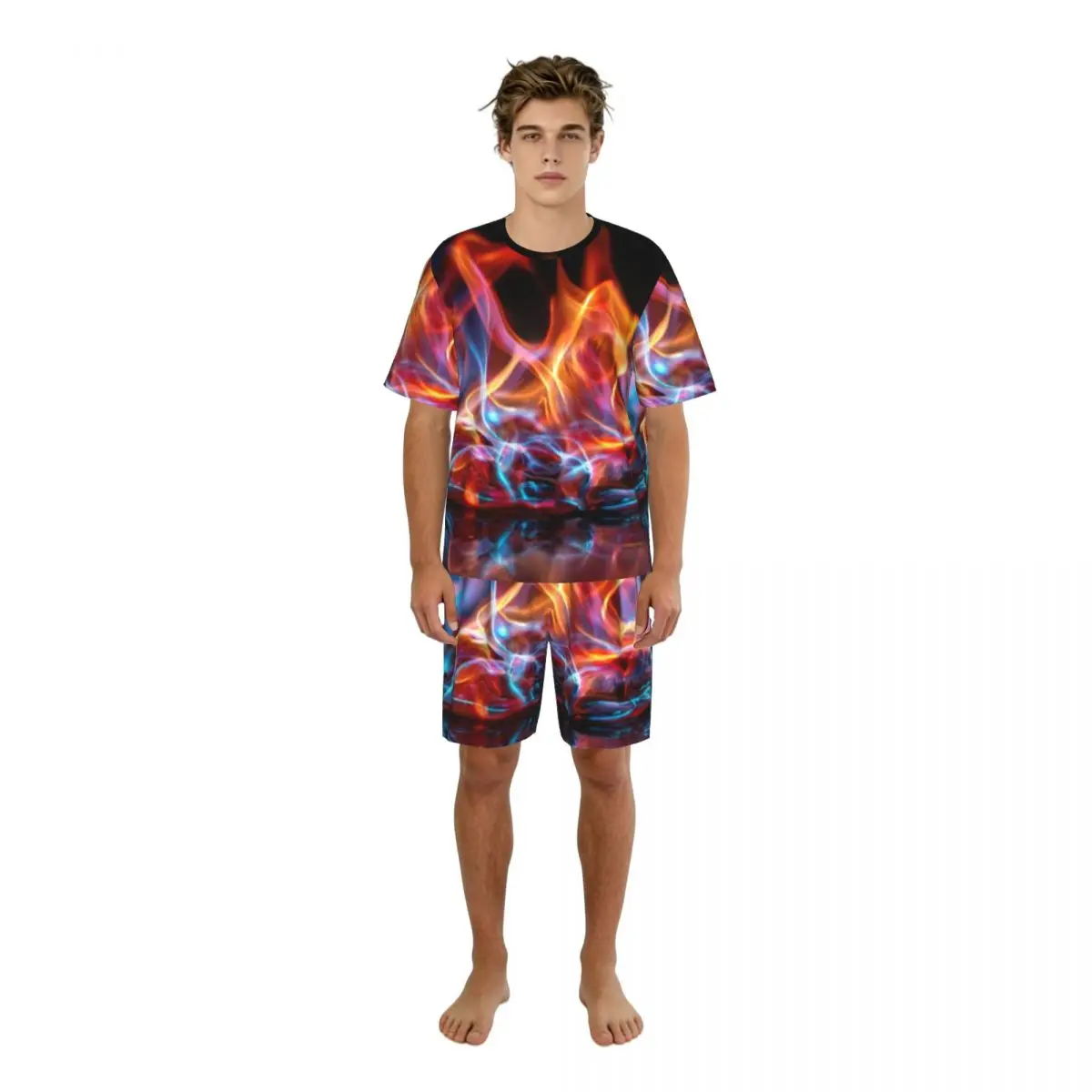 Men's Short Sleeve Shorts Pajama Set Colorful Fire Flames Sleepwear Casual Nightwear Home Wear Suit