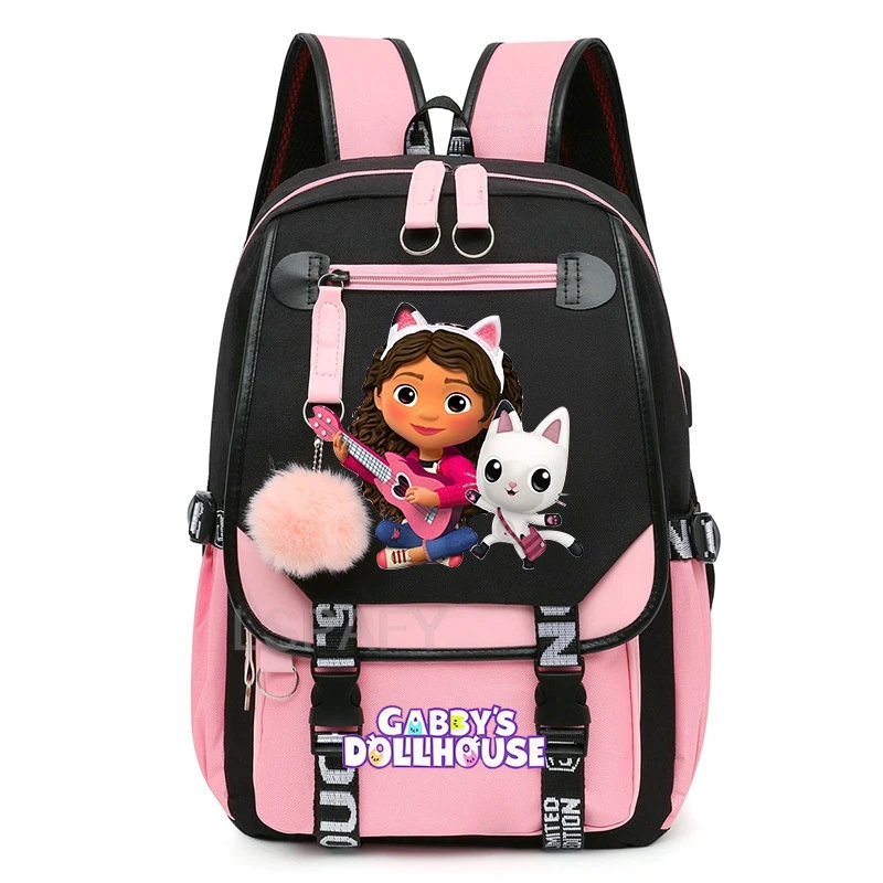 Fashion Gabby\'s Dollhouse Backpack Plush Ball Harajuku Gabby Dollhouse School Bags Women Lovely Girls Canvas Schoolbag Mochlia