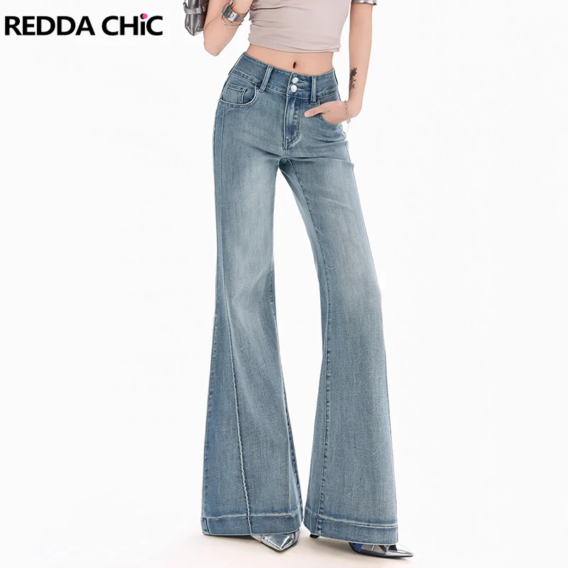 

Винтажные расклешенные джинсы REDDACHiC для женщин, однотонные, с двойными пуговицами, с эффектом потертости, с высокой талией, широкие брюки для повседневной носки