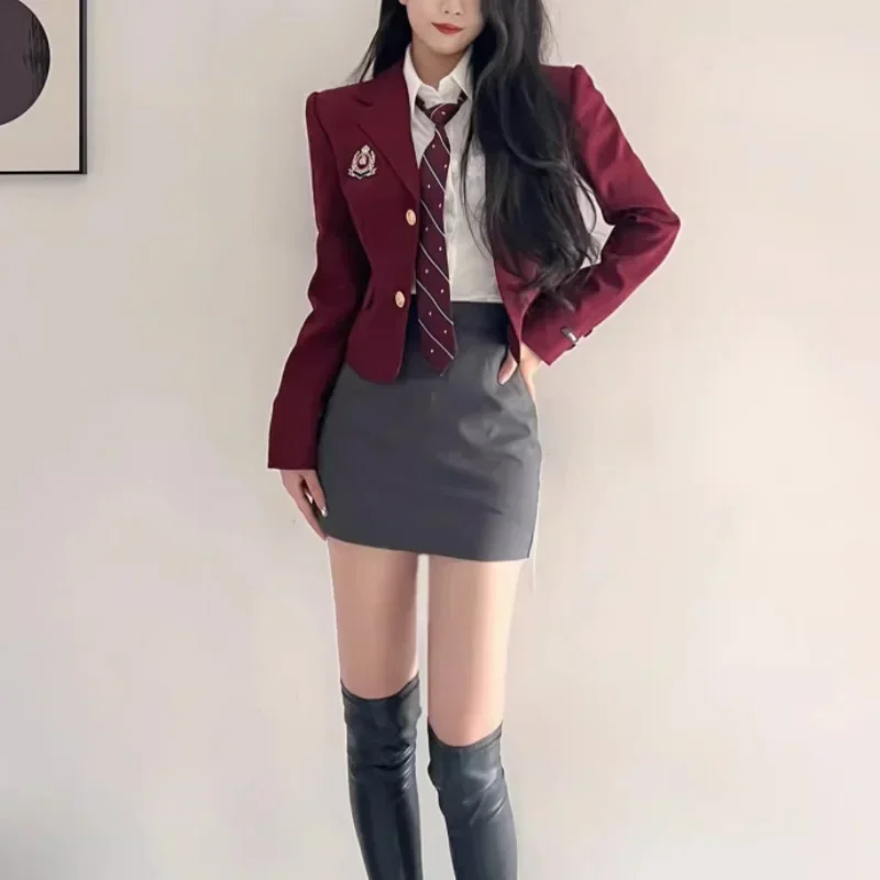 3 Stück Frauen Kleidung Rock Sets Frühling Herbst Langarm Japan süße JK Uniform Preppy Style Mode lässig Blazer Mantel Anzug