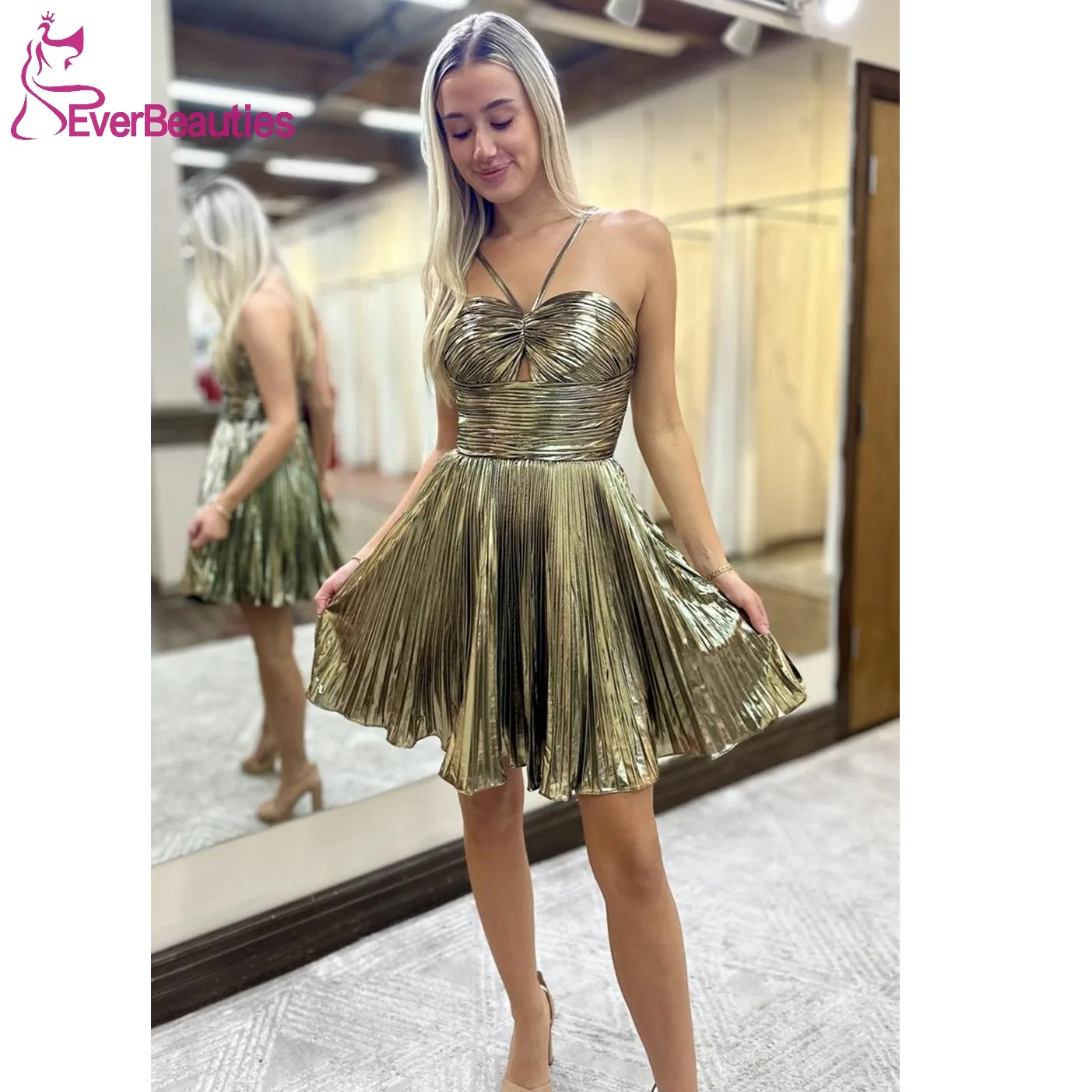 

Halter Neck Cocktail Dresses for Women Plus Size Vestidos De Gala Metallic Satin Party Gowns Knee Length Formal Maxi Dress
