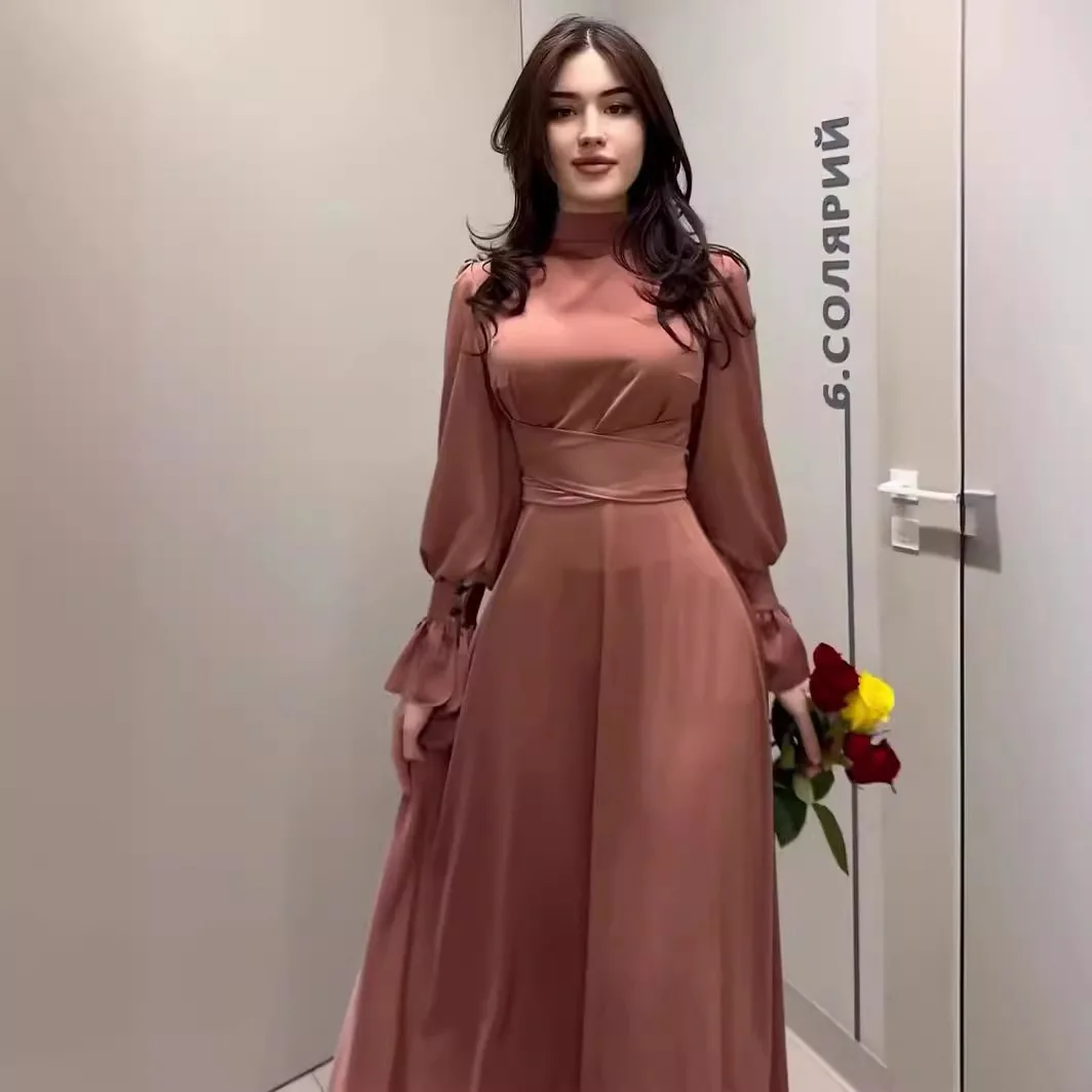 2025 primavera cetim manga longa elegante vestido de cintura feminina cor sólida emagrecimento tecido confortável vestido médio longo