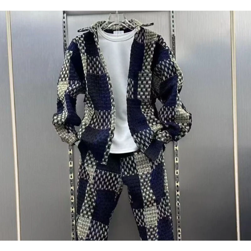 الجديد الخريف والشتاء الرجال عارضة العصرية مجموعة قطعتين الكورية نمط معطف قميص المتناقضة اللون يطبع الأزياء العصرية جدا #5