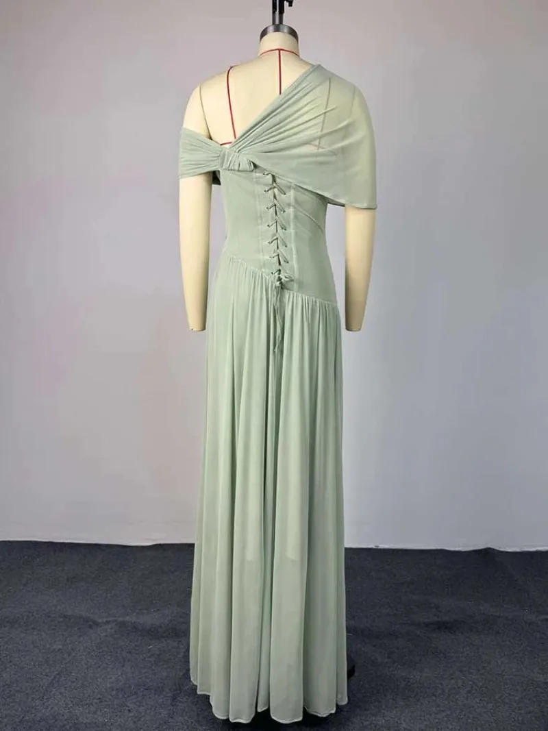 New Elegant Off Shoulder Bridesmaid Dress Sexy Sloping Collar Pleated Women's Evening Dress Casual Sleeveless Summer Robe Dress