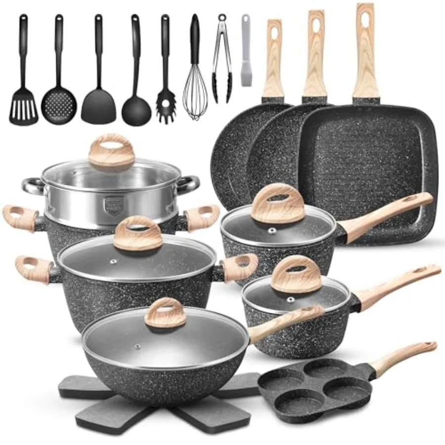 

31 Pcs Pots and Pans Set Non Stick Black Granite Induction Cookware Set Non Toxic Healthy RV Kitchen Cooking Set with Silicone