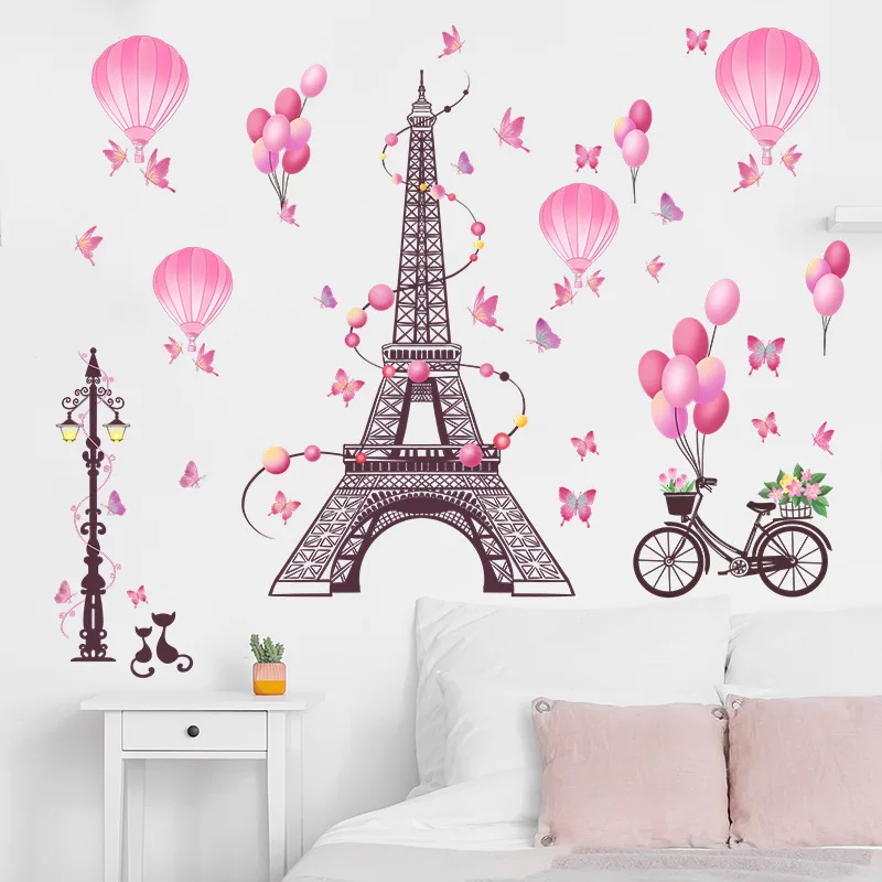 Eiffel Tower Romantic Balloon Self-adhesive Wall Stickers For Girl Room Kids Room Decoration Room Decor Bedroom Decoration