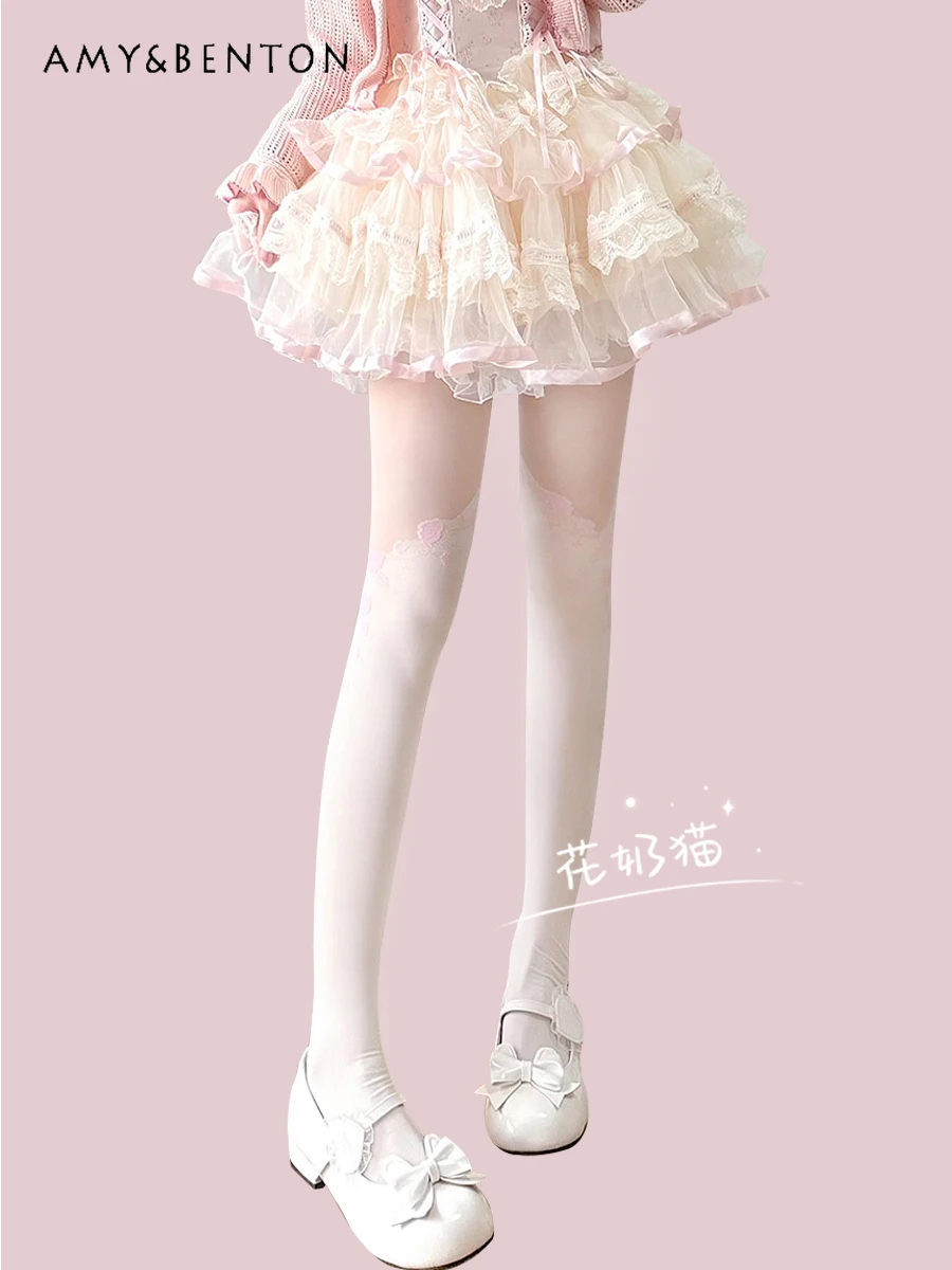 Lolita Stockings Vintage Embroidery Stitching Stockings Spring Summer New Thin White Pantyhose Sexy White JK Knee High Socks