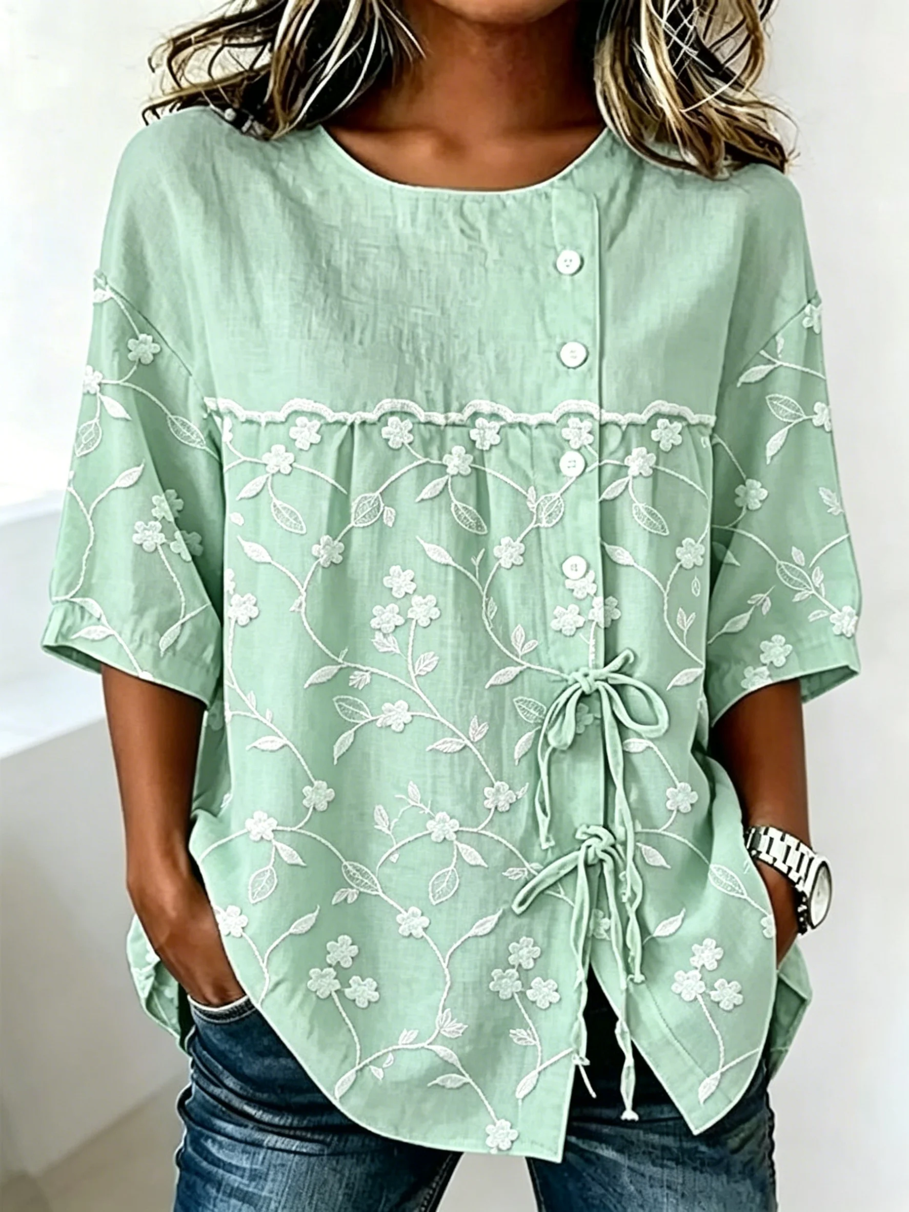 

Women's Mint Green Floral Embroidery Button & Tie Front Blouse, Casual Stylish Top for Spring Summer Daily & Versatile Wear